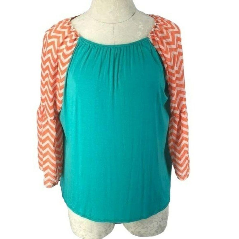 Candy Rose Girls Teal Orange Stripe Sheer Sleeves Blouse Size Large‎
